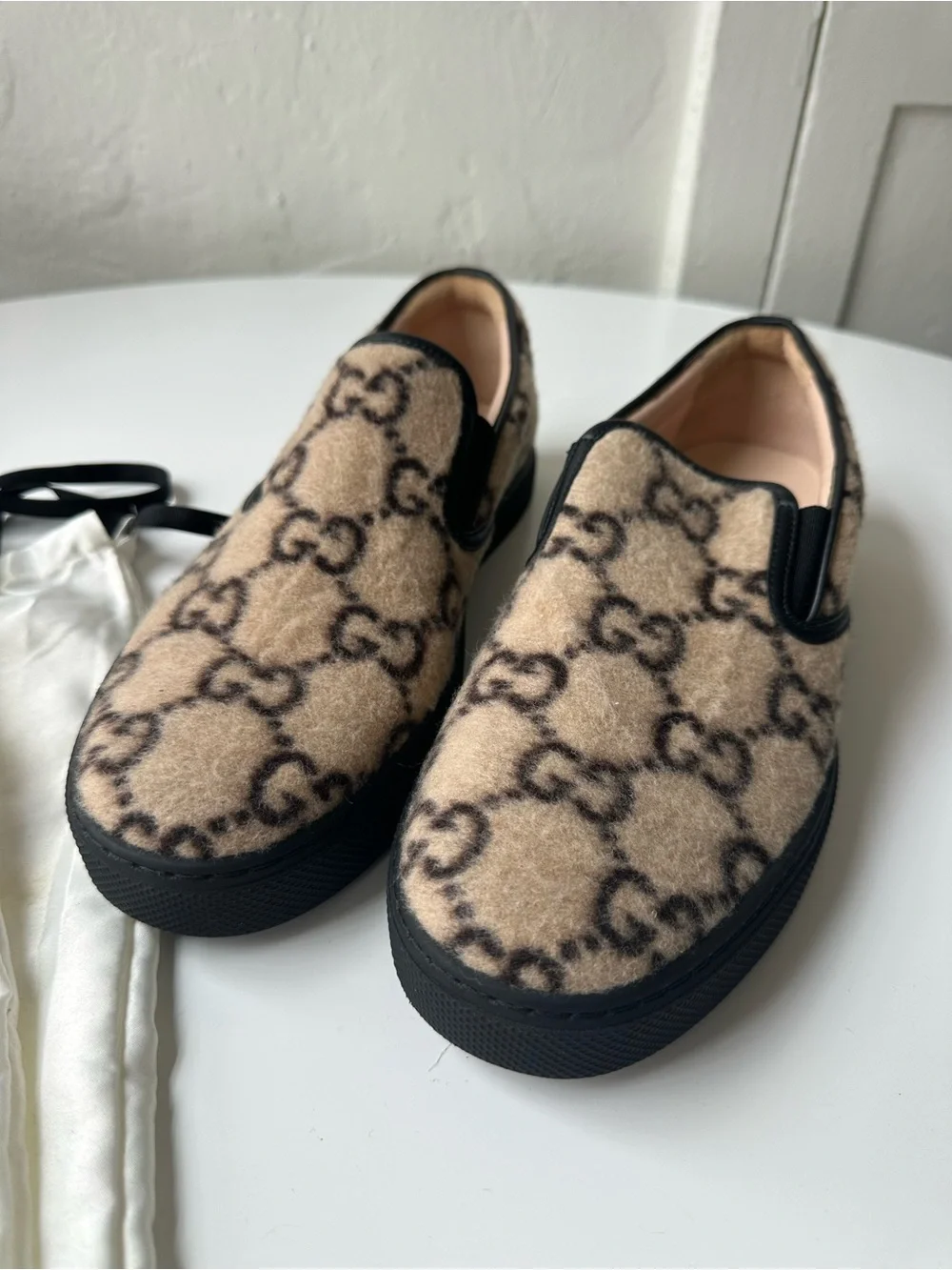 Gucci Beige GG Wool Slip-On Loafers with Black Trim